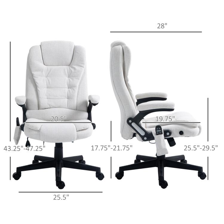 White massage office chair size view, high back, padded armrests, caster base