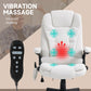 White high-back massage chair with handheld remote, padded seat and armrests