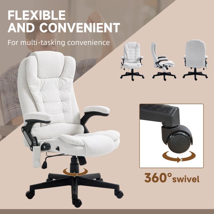 White massage office chair with 360° swivel base, padded headrest and armrests