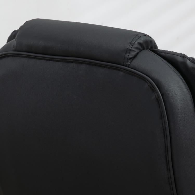 Black cushioned office chair backrest with stitched edges and rounded headrest