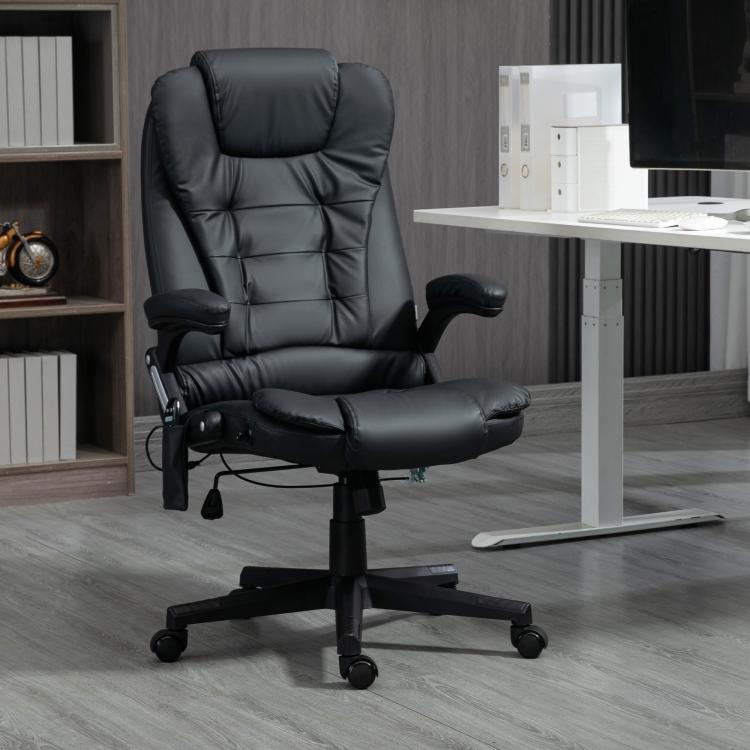 Black padded massage office chair with headrest, armrests, and five-star base