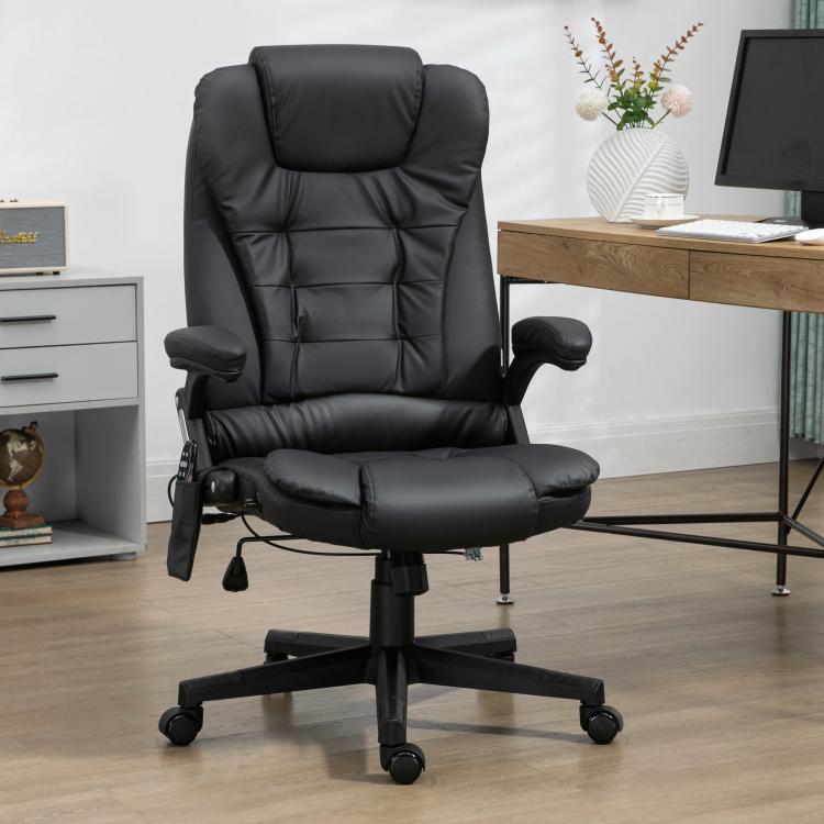 Black faux-leather style massage office chair with recline seat and padded armrests