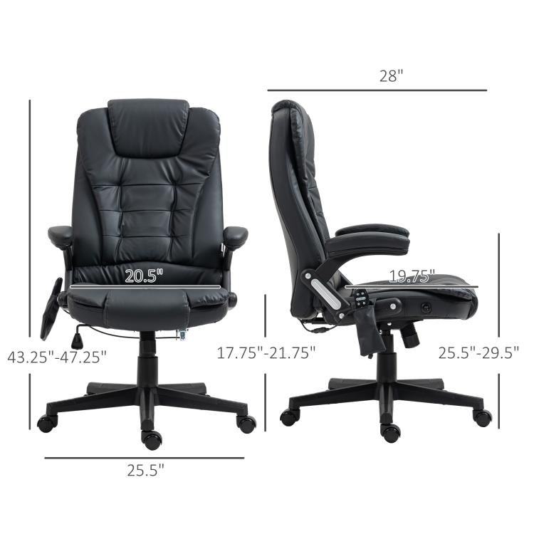 Black reclining massage chair shown from front and side with armrests and base