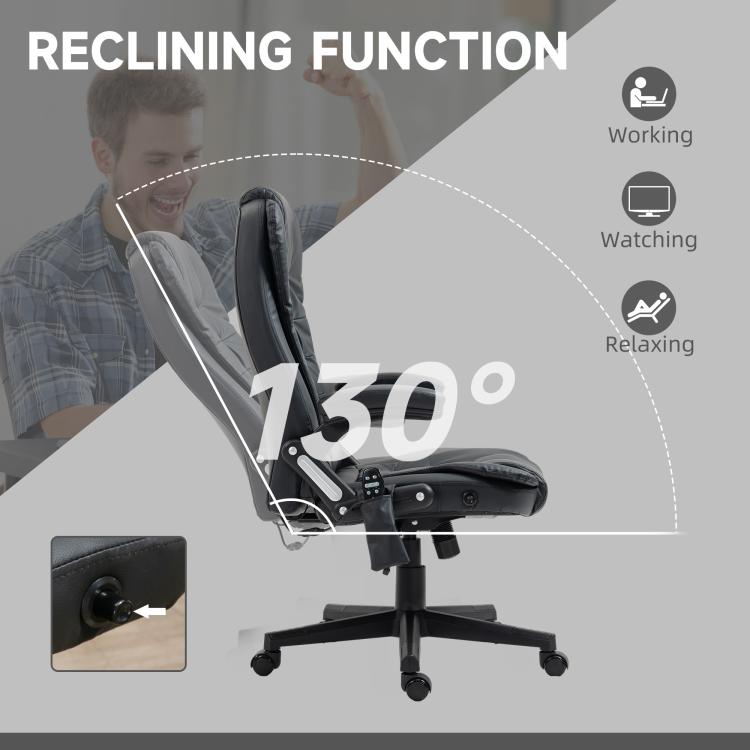 Black recline massage office chair with tilting back and padded footrest platform