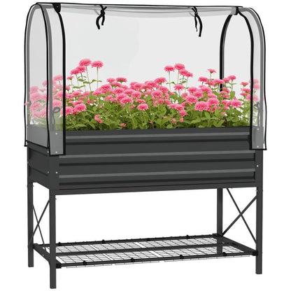 Black raised garden bed planter with clear mesh cover and bottom shelf
