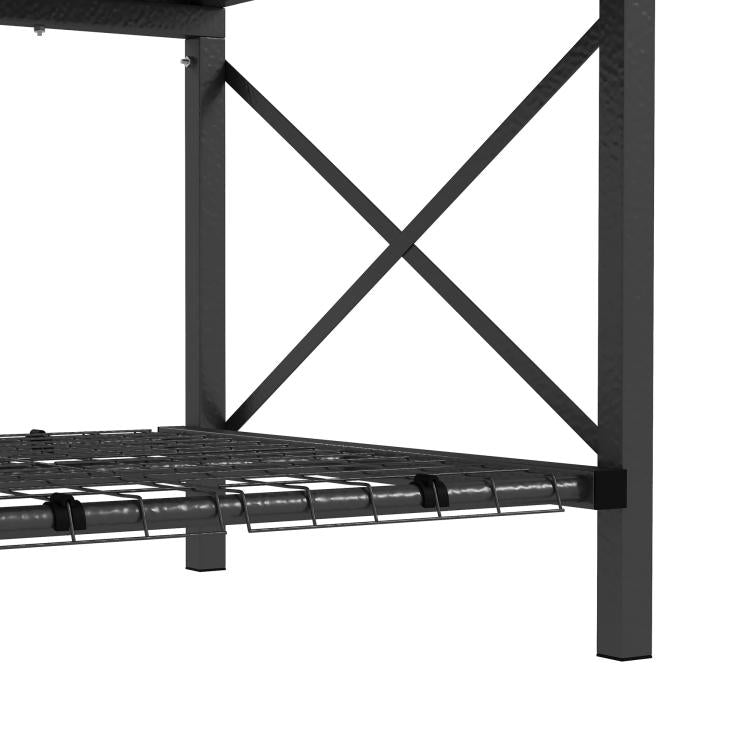 Black metal raised garden bed frame with legs and wire bottom shelf