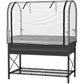 Black metal raised garden bed with clear cover and bottom shelf