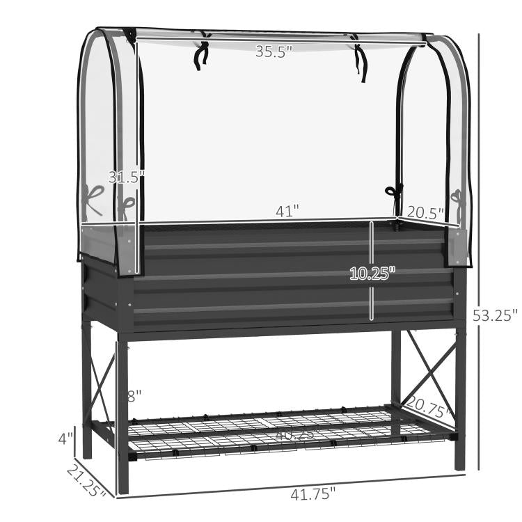 Black metal raised garden bed planter with clear mesh cover and bottom shelf