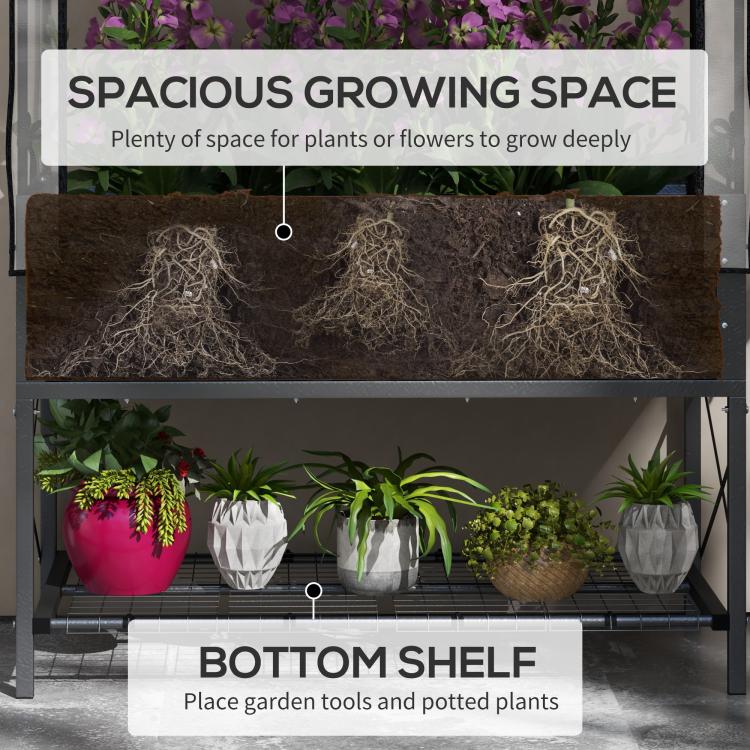 Black metal raised garden bed planter with bottom shelf and potted plants