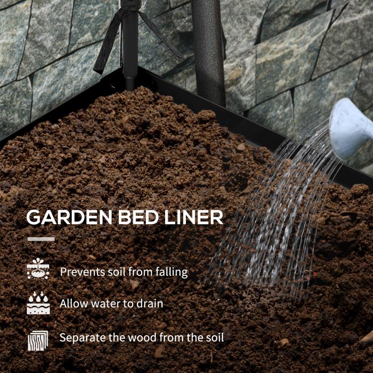 Garden bed liner inside raised planter with soil and a watering stream