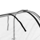 Clear mesh cover roof with black support straps for raised garden bed