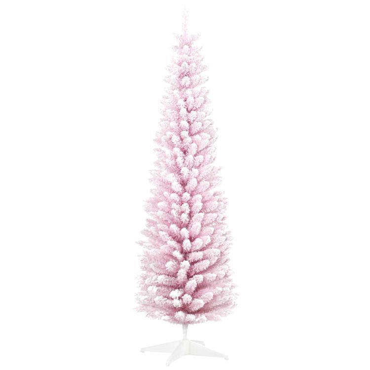 Pink snow-flocked pencil Christmas tree with layered branches and white base stand