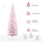 Pink snow-flocked pencil Christmas tree with full, layered branches on a white stand