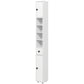 White narrow bathroom storage cabinet with open shelves, drawers, and cabinet doors