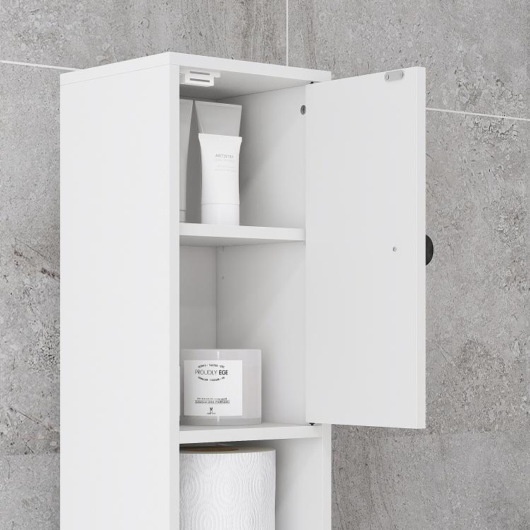 White narrow bathroom storage cabinet with open shelves and two cabinet doors