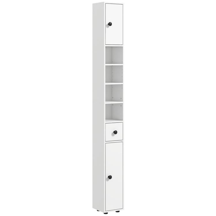 White tall narrow bathroom cabinet with open shelves and two knob doors