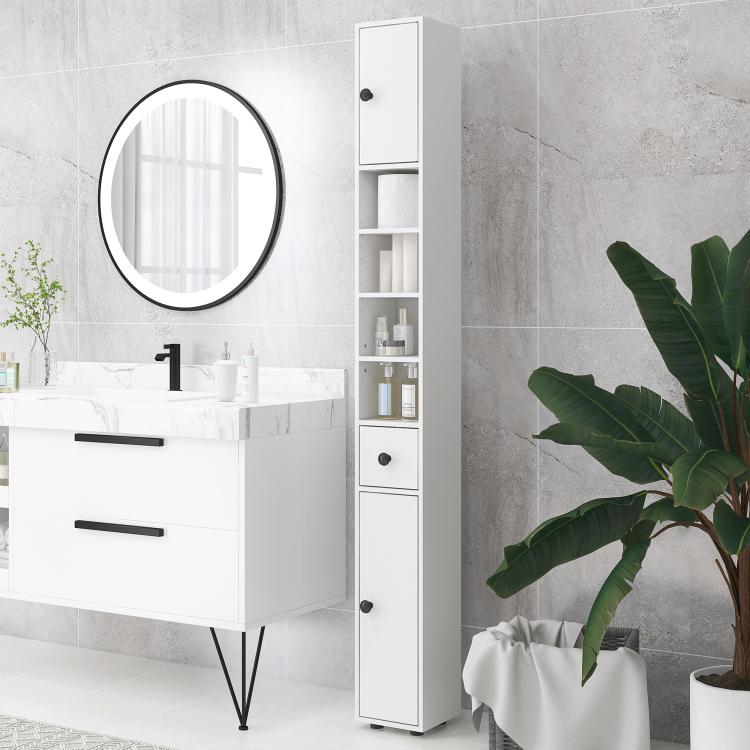 White tall narrow bathroom storage cabinet with open shelves and drawers, black knobs