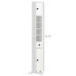 White tall narrow cabinet shown with height and width measurements, open shelves and doors