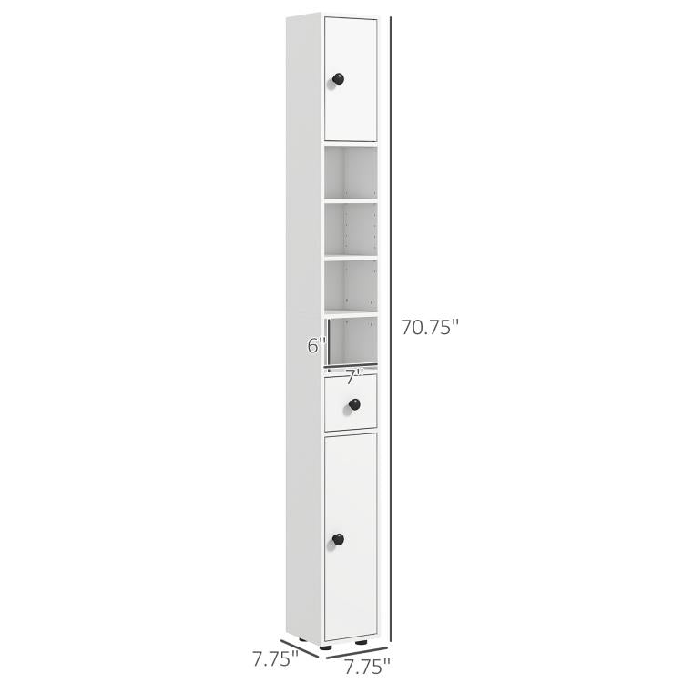 White tall narrow cabinet shown with height and width measurements, open shelves and doors