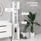 White tall narrow bathroom storage cabinet with open shelves, drawer, and closed compartments
