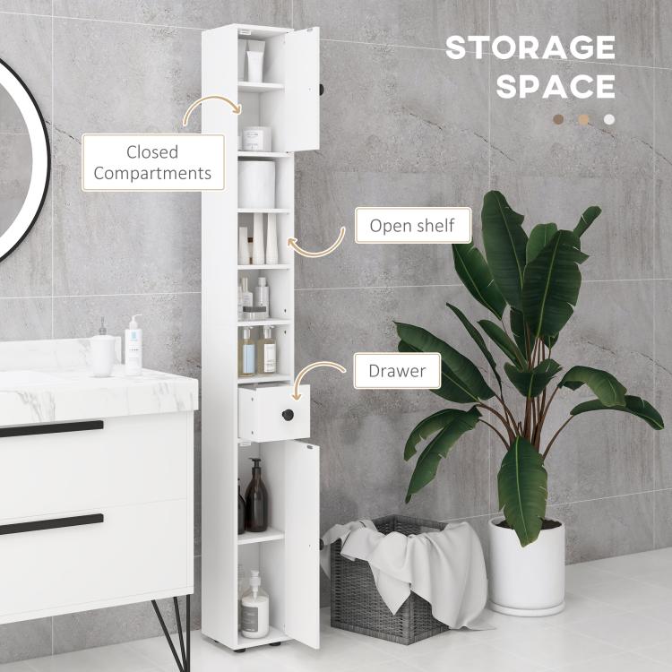 White tall narrow bathroom storage cabinet with open shelves, drawer, and closed compartments