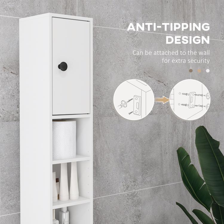 Wall-anchorable white narrow bathroom storage cabinet with door, open shelves, black knob