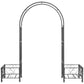Dark gray steel garden arch arbor with arched frame and decorative scrollwork sides