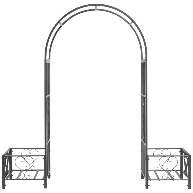 Dark gray steel garden arch arbor with arched frame and decorative scrollwork sides