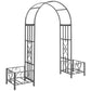 Dark gray metal garden arch arbor with scrollwork heart panels and planter base
