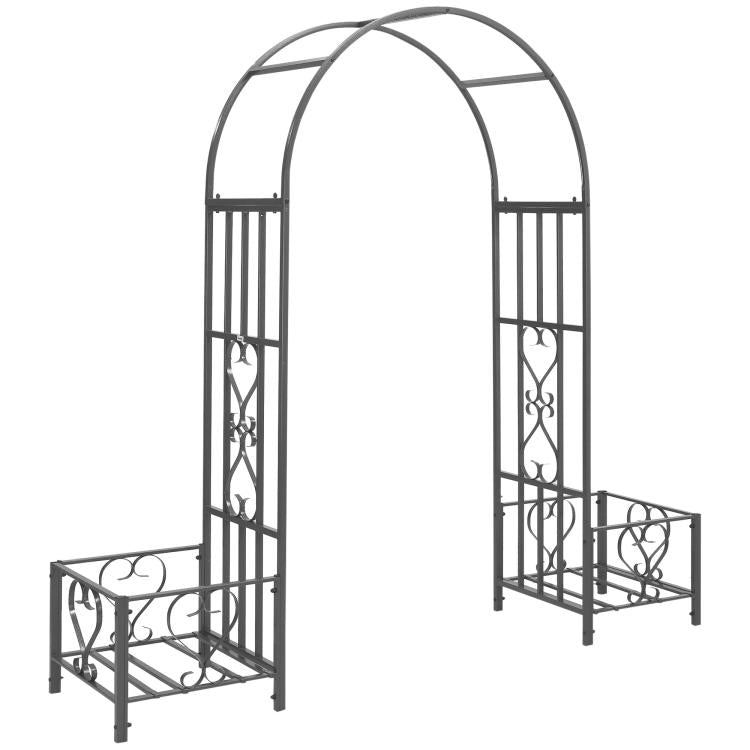 Dark gray metal garden arch arbor with scrollwork heart panels and planter base