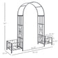 Dark gray steel garden arch arbor with side planters, shown with product dimensions