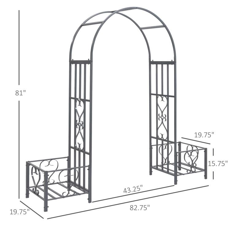 Dark gray steel garden arch arbor with side planters, shown with product dimensions