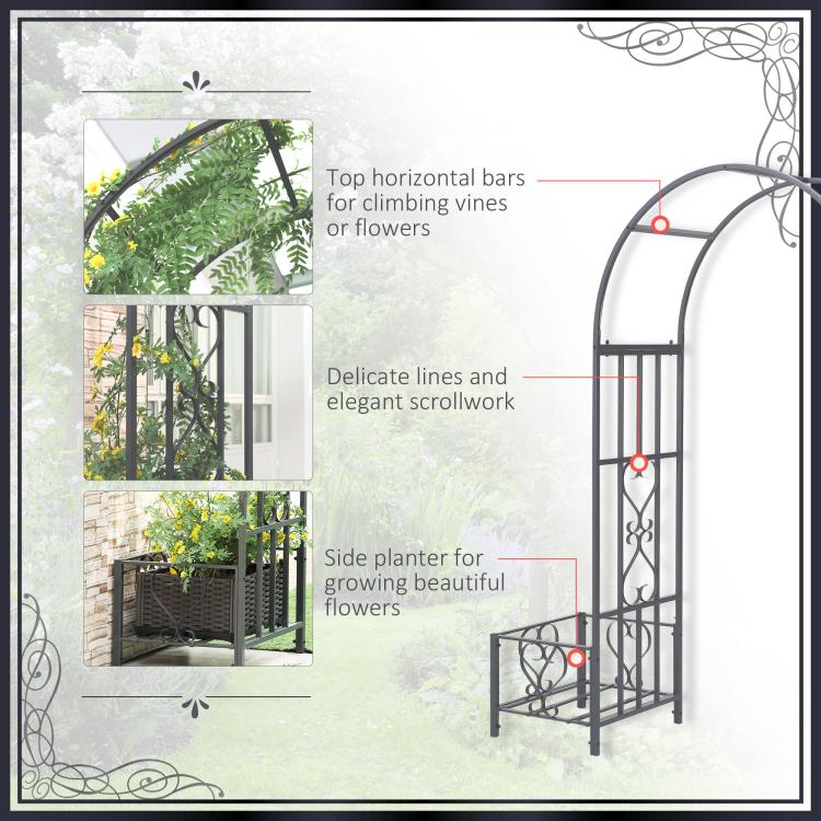 Dark gray steel garden arch arbor with side planter box and delicate scrollwork lines