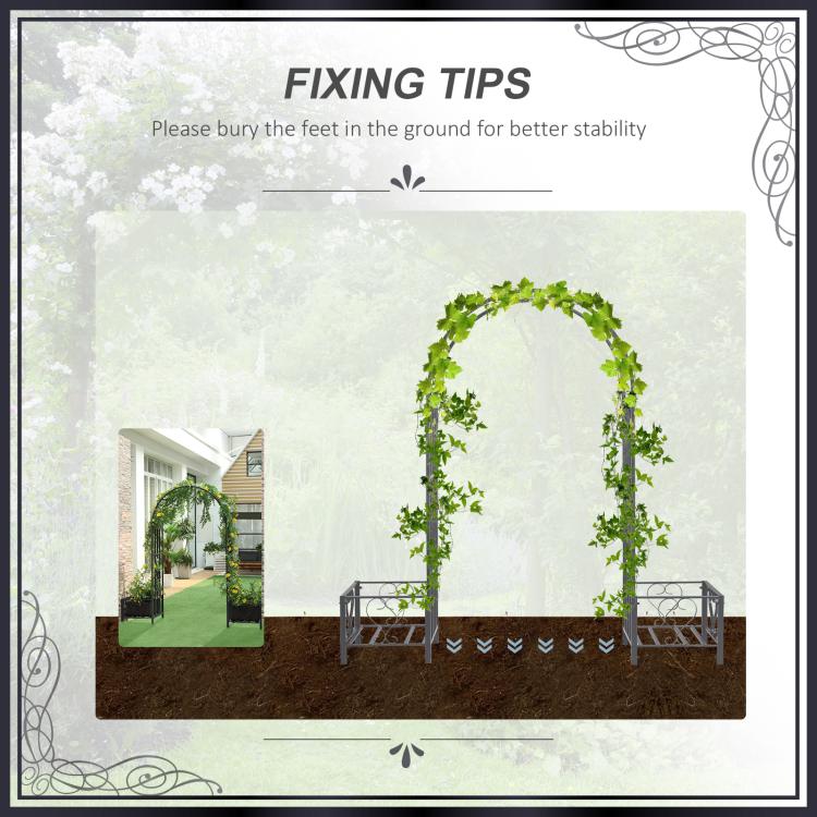 Dark gray steel garden arch arbor with climbing vines, showing ground-fixing base