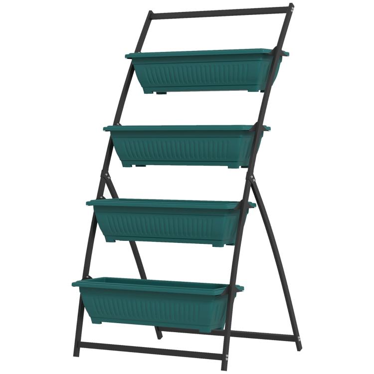 Green 4-tier vertical raised garden planter with black metal stand and four empty boxes