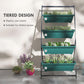 4-tier vertical planter with green boxes on black frame, full view