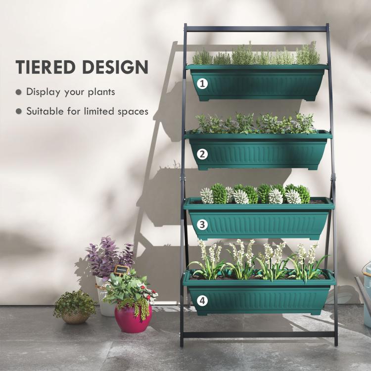 4-tier vertical planter with green boxes on black frame, full view