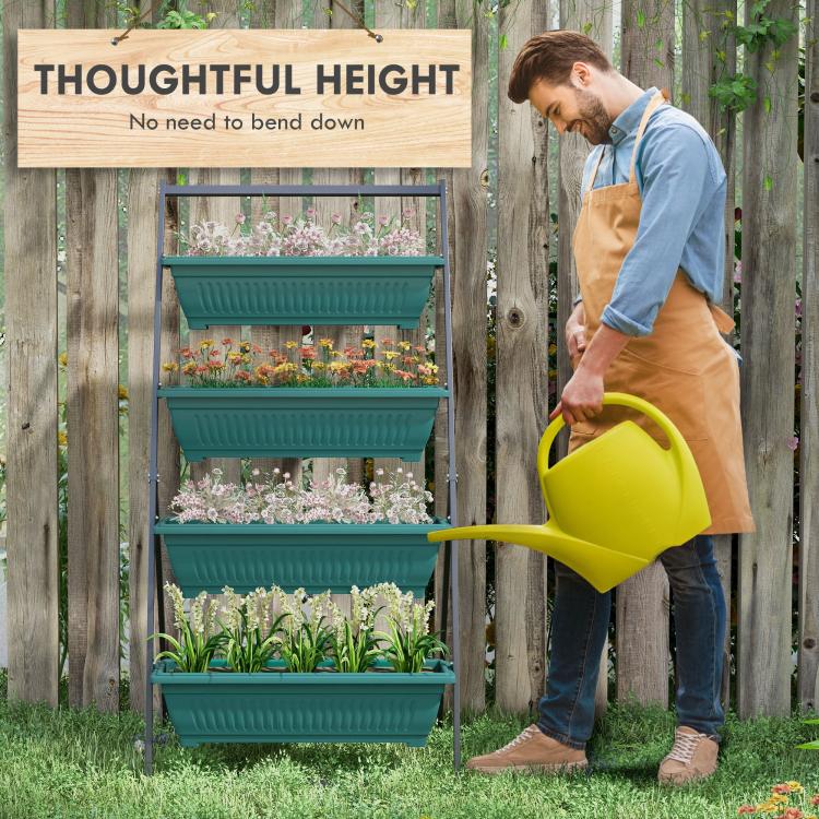 4-tier vertical planter with green boxes and flowers; gardener watering with a yellow can