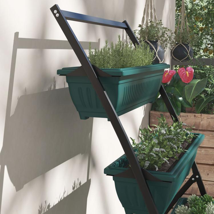 Green 4-tier raised planter with angled black frame, stacked boxes visible