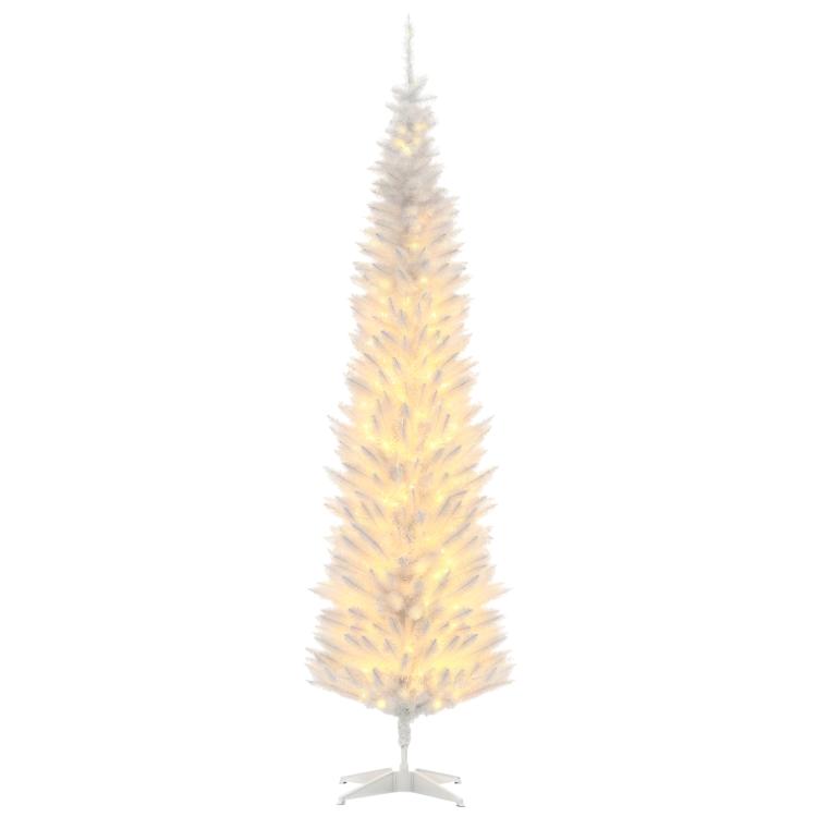 Slim white artificial pencil Christmas tree with warm white lights and pointed top