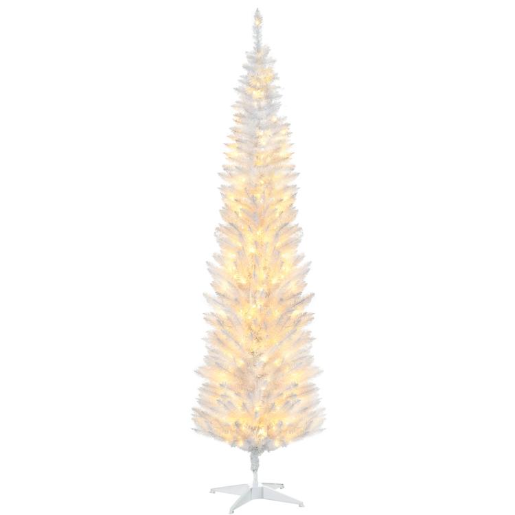 Slim white artificial pencil Christmas tree with warm white LED lights and tripod stand