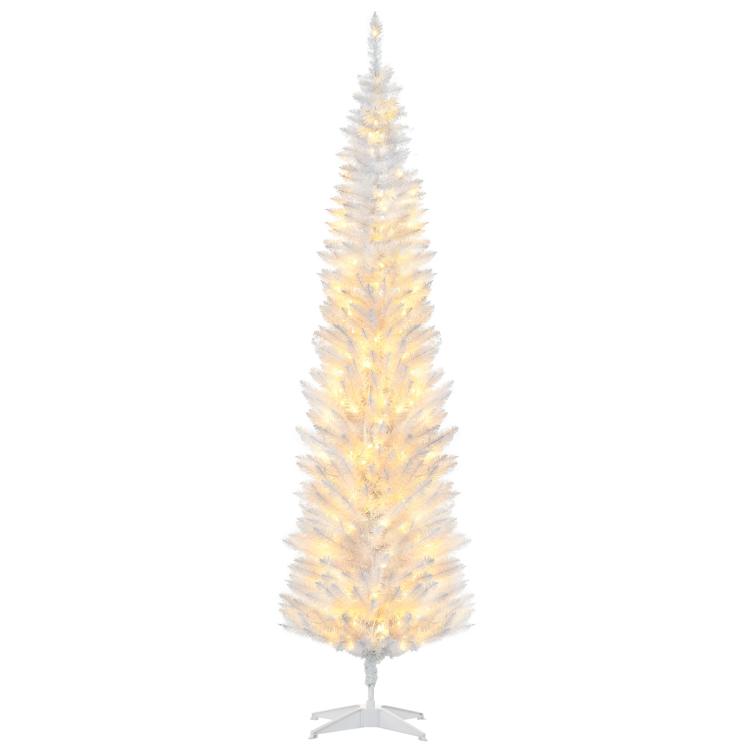 Slim white artificial pencil Christmas tree with warm white LED lights and stand