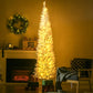 Slim white pencil Christmas tree with warm white lights, standing on a white base