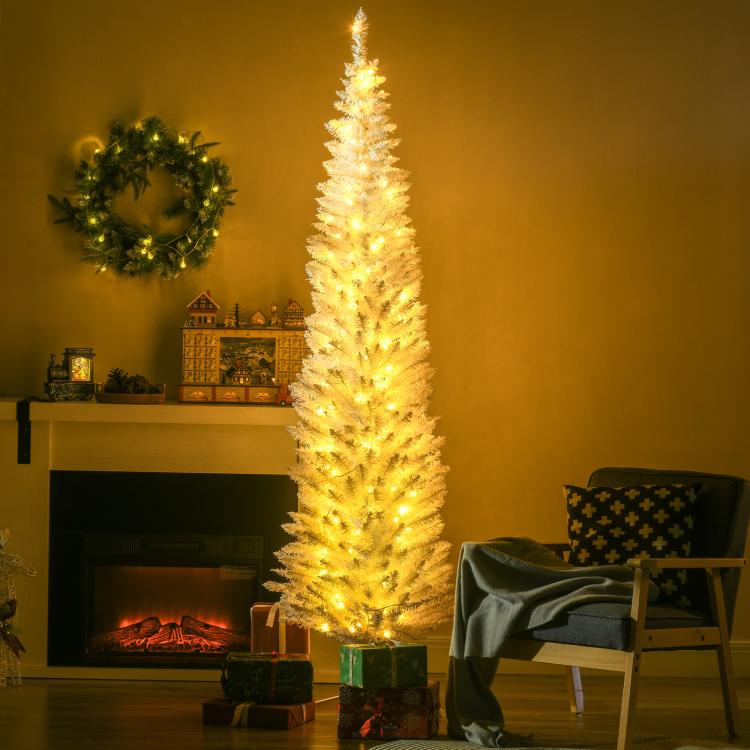 Slim white pencil Christmas tree with warm white lights, standing on a white base