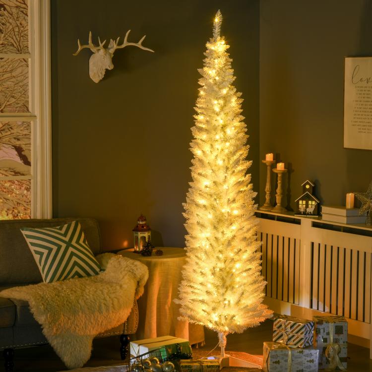 White slim artificial pencil Christmas tree lit with warm white LED lights