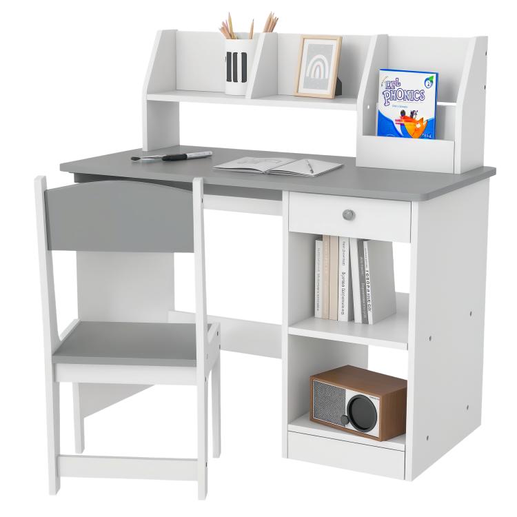 Kids study desk and chair set in white with gray tabletop and storage shelves