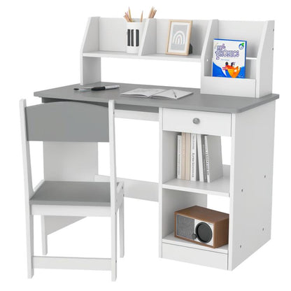 Kids study desk and chair set in white with gray tabletop and storage shelves