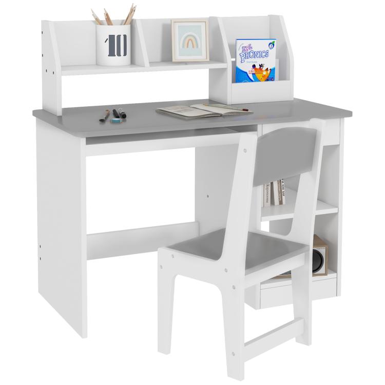 Kids study desk and chair set with gray chair seat and side storage cubby