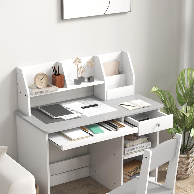 Kids gray-and-white study desk set with storage shelves and side compartments