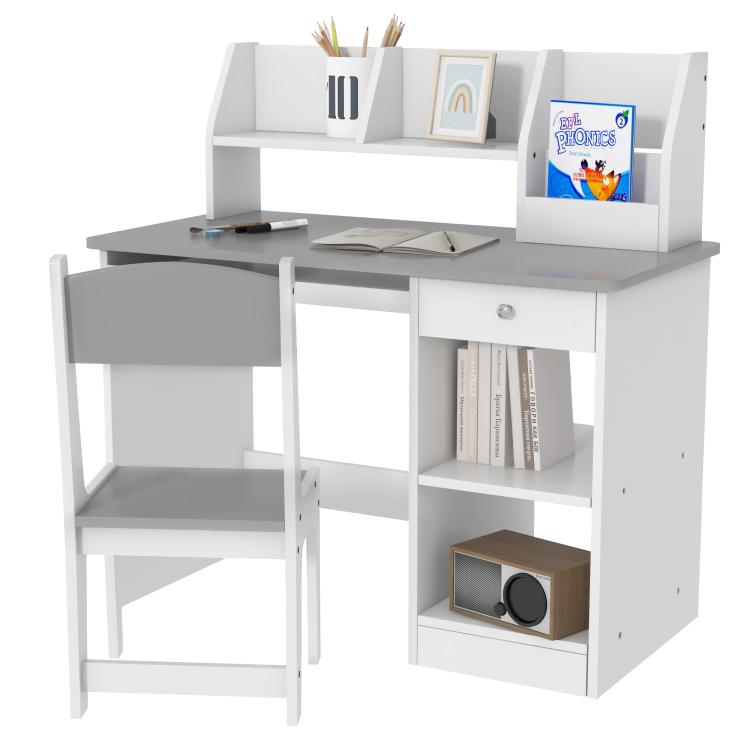Kids desk set with chair, gray desktop, open shelving and lower book storage